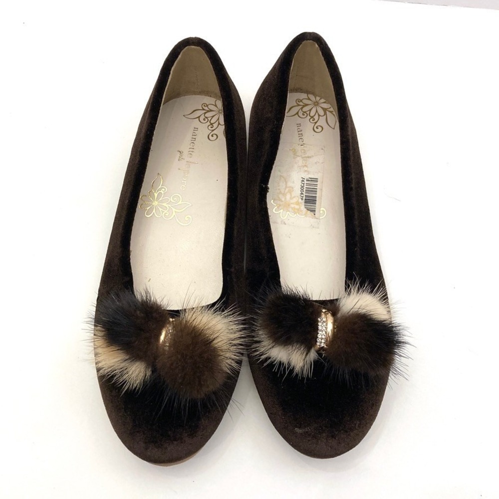 Nanette Lepore Velvet Mink PomPom Toe Ballet Flats Brown Girls 3